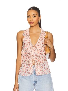Free People Blush Pink Floral Ruffle Tie-Front Camisole